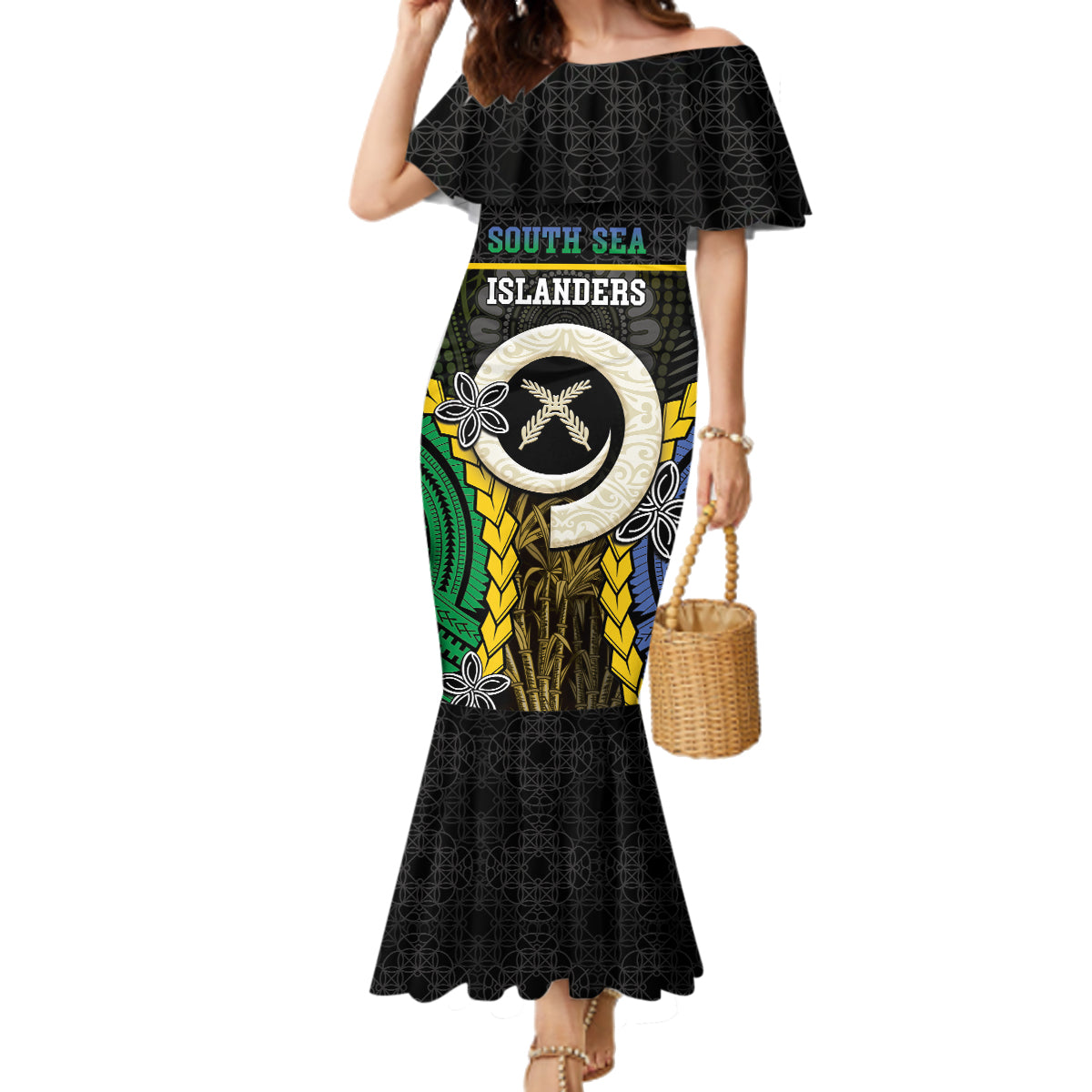 Personalised South Sea Islanders And Vanuatu Family Matching Mermaid Dress and Hawaiian Shirt Kanakas Sand Drawing Pattern LT05 Mom's Dress Black - Polynesian Pride