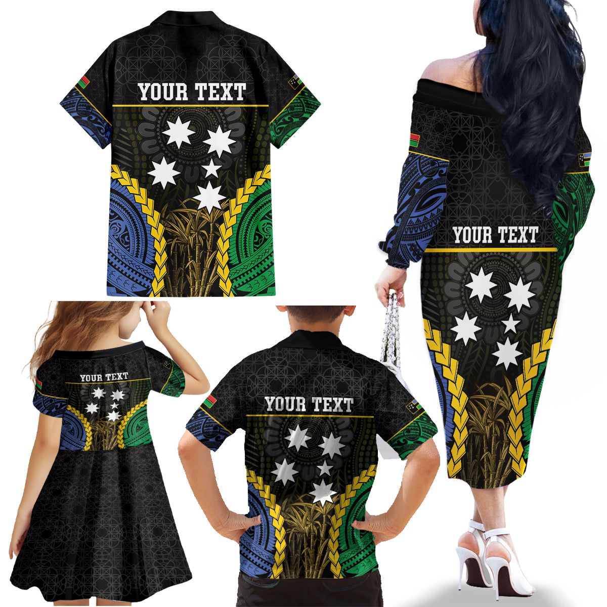 Personalised South Sea Islanders And Vanuatu Family Matching Off The Shoulder Long Sleeve Dress and Hawaiian Shirt Kanakas Sand Drawing Pattern LT05 - Polynesian Pride