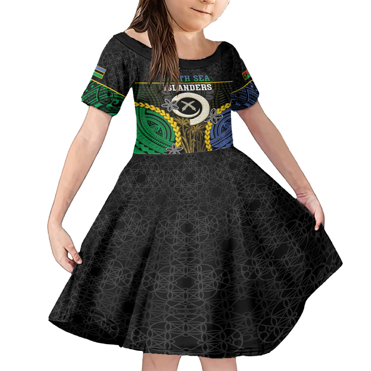 Personalised South Sea Islanders And Vanuatu Family Matching Off Shoulder Maxi Dress and Hawaiian Shirt Kanakas Sand Drawing Pattern LT05 Daughter's Dress Black - Polynesian Pride