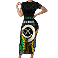 Personalised South Sea Islanders And Vanuatu Family Matching Short Sleeve Bodycon Dress and Hawaiian Shirt Kanakas Sand Drawing Pattern LT05 Mom's Dress Black - Polynesian Pride