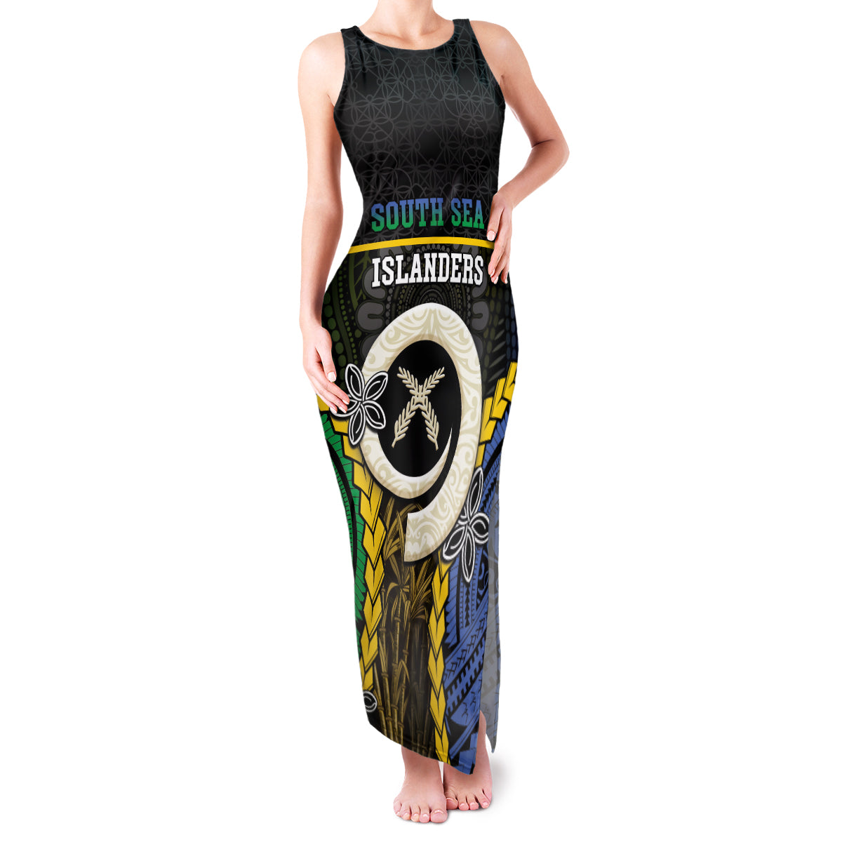 Personalised South Sea Islanders And Vanuatu Family Matching Tank Maxi Dress and Hawaiian Shirt Kanakas Sand Drawing Pattern LT05 Mom's Dress Black - Polynesian Pride