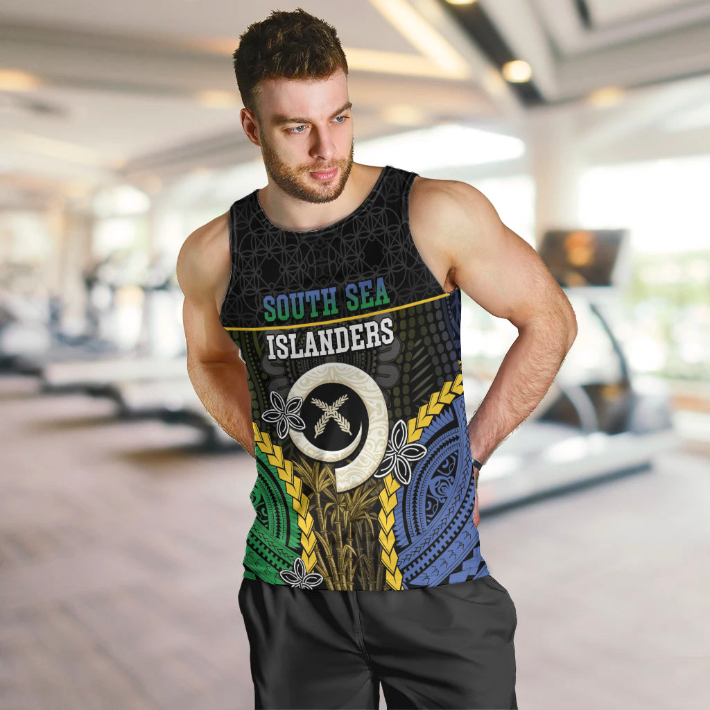 Personalised South Sea Islanders And Vanuatu Men Tank Top Kanakas Sand Drawing Pattern LT05 Black - Polynesian Pride
