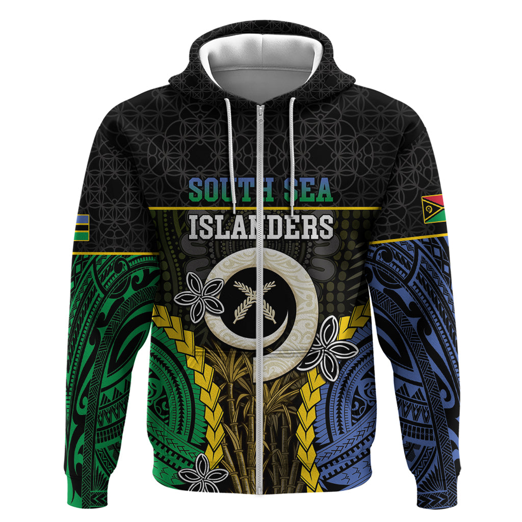 Personalised South Sea Islanders And Vanuatu Zip Hoodie Kanakas Sand Drawing Pattern LT05 Zip Hoodie Black - Polynesian Pride
