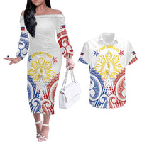 Philippines Couples Matching Off The Shoulder Long Sleeve Dress and Hawaiian Shirt Katipunan Andres Bonifacio LT05 White - Polynesian Pride