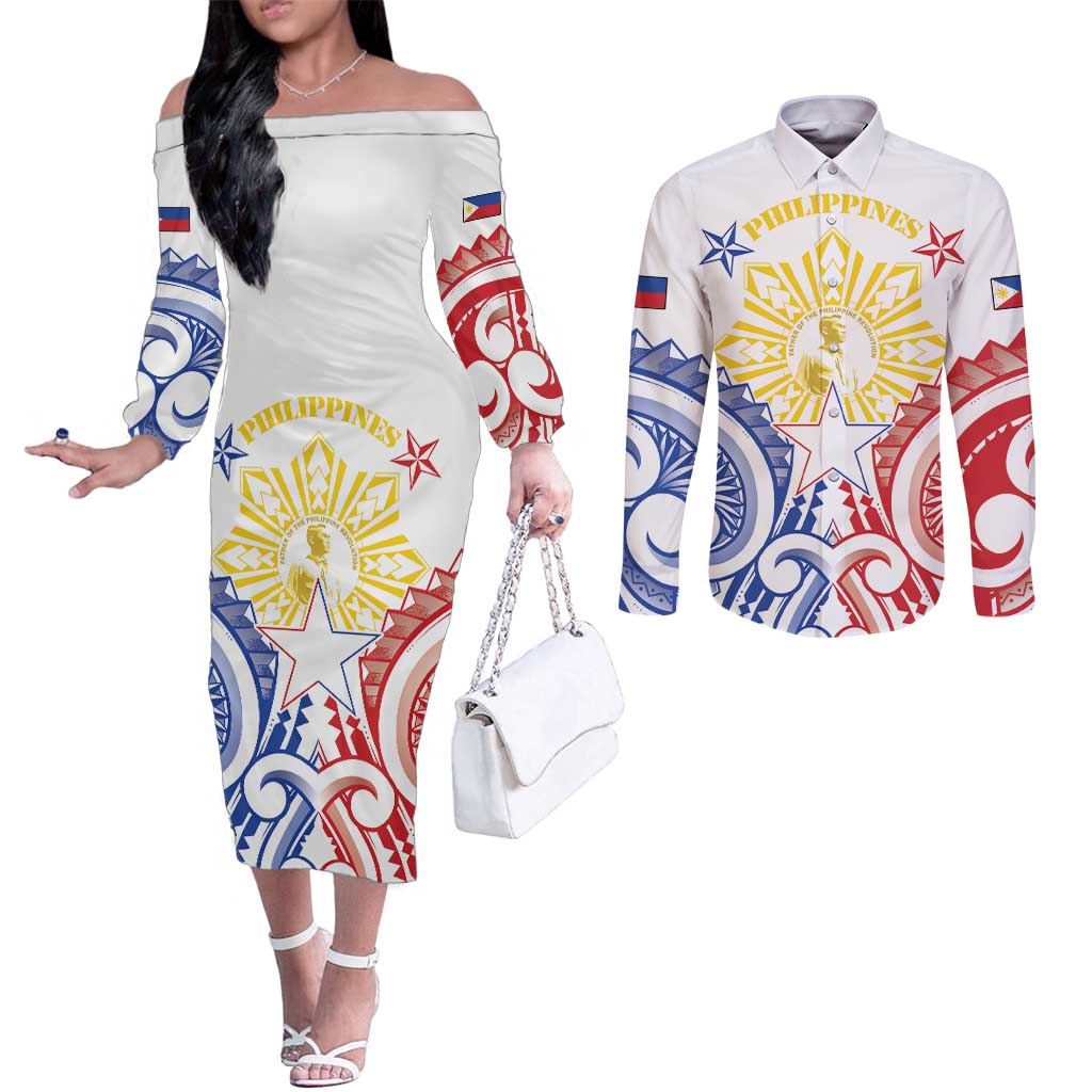 Philippines Couples Matching Off The Shoulder Long Sleeve Dress and Long Sleeve Button Shirt Katipunan Andres Bonifacio LT05 White - Polynesian Pride