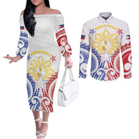 Philippines Couples Matching Off The Shoulder Long Sleeve Dress and Long Sleeve Button Shirt Katipunan Andres Bonifacio LT05 White - Polynesian Pride