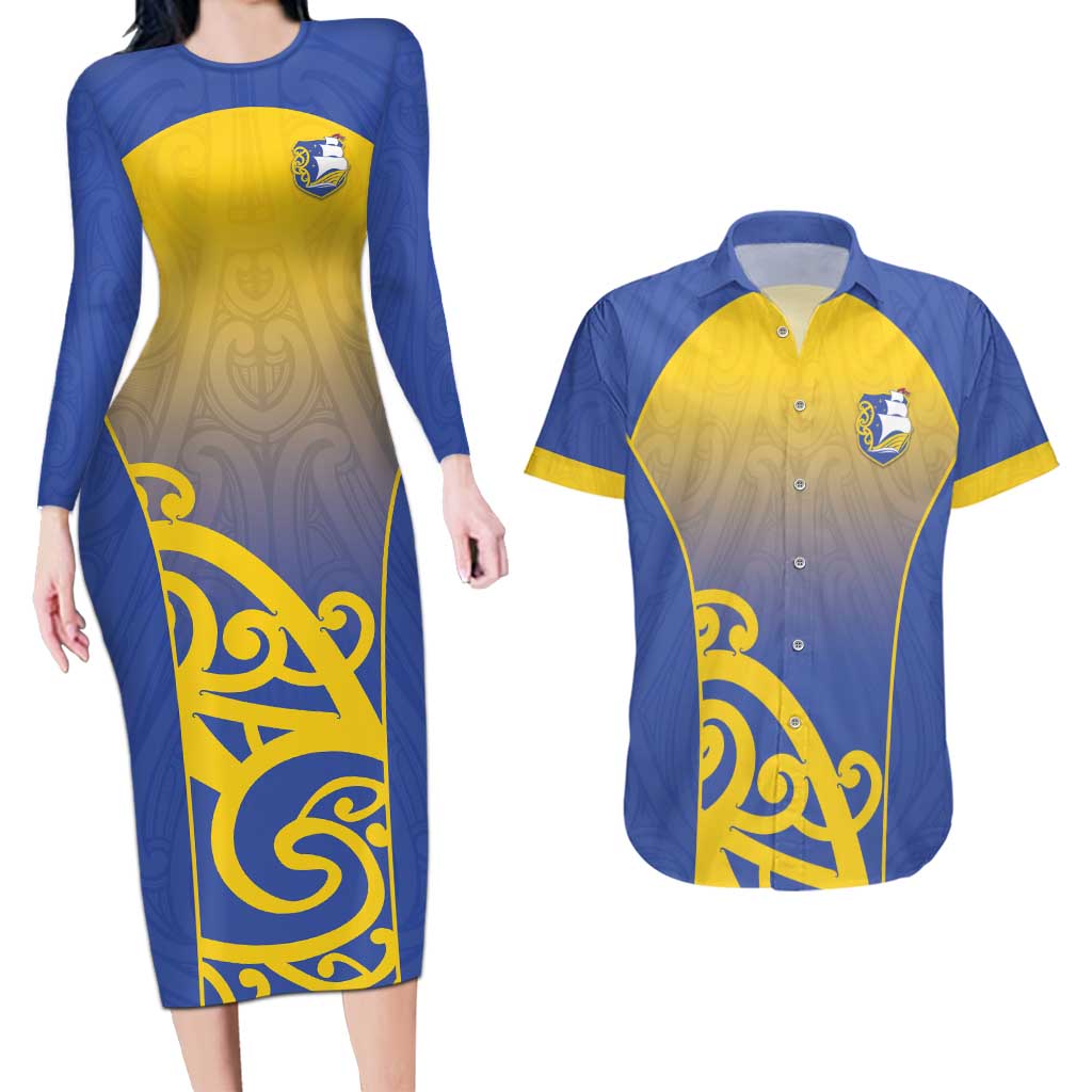Custom James Cook High School Couples Matching Long Sleeve Bodycon Dress and Hawaiian Shirt Maori Koru Pattern LT05 Blue - Polynesian Pride
