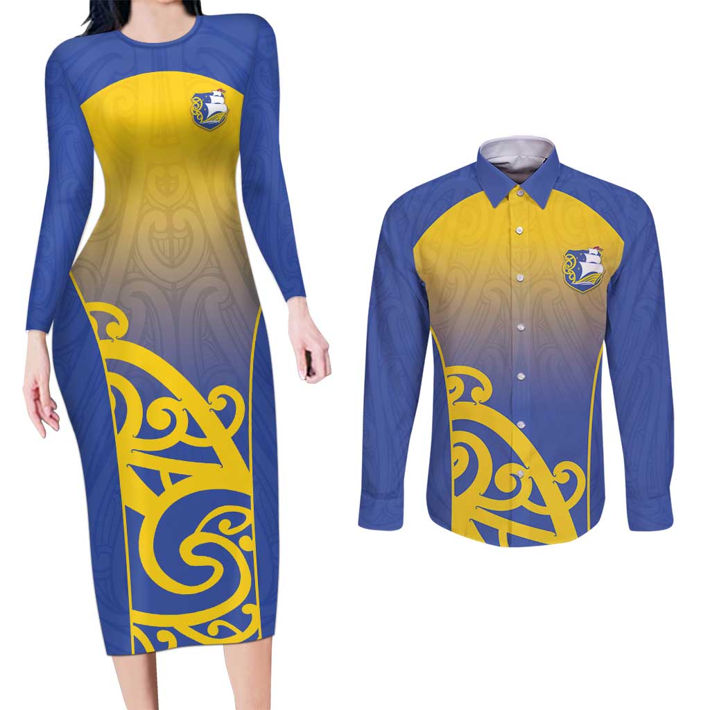 Custom James Cook High School Couples Matching Long Sleeve Bodycon Dress and Long Sleeve Button Shirt Maori Koru Pattern LT05 Blue - Polynesian Pride