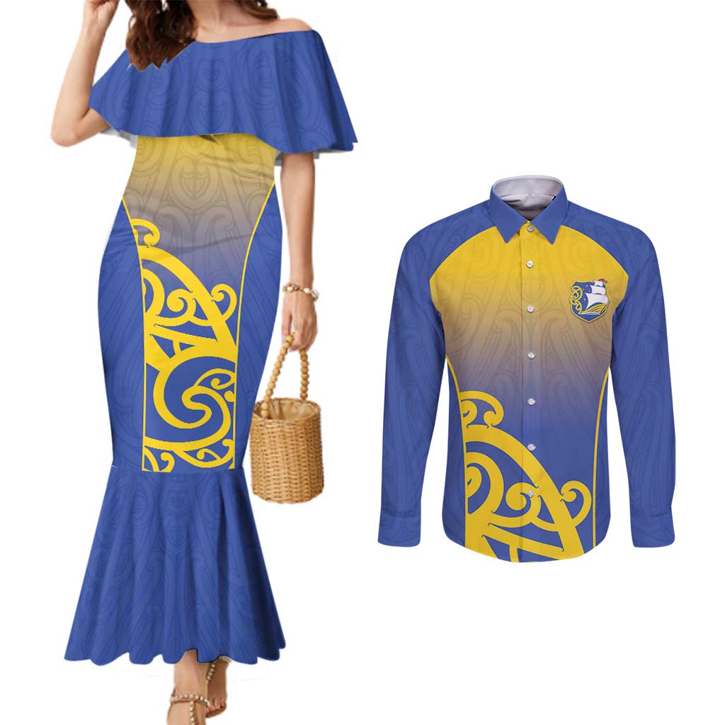 Custom James Cook High School Couples Matching Mermaid Dress and Long Sleeve Button Shirt Maori Koru Pattern LT05 Blue - Polynesian Pride
