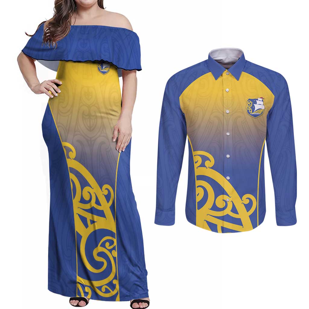 Custom James Cook High School Couples Matching Off Shoulder Maxi Dress and Long Sleeve Button Shirt Maori Koru Pattern
