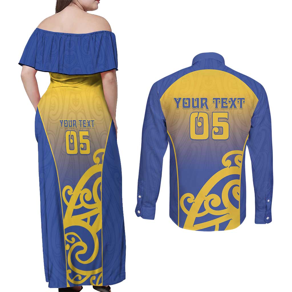Custom James Cook High School Couples Matching Off Shoulder Maxi Dress and Long Sleeve Button Shirt Maori Koru Pattern