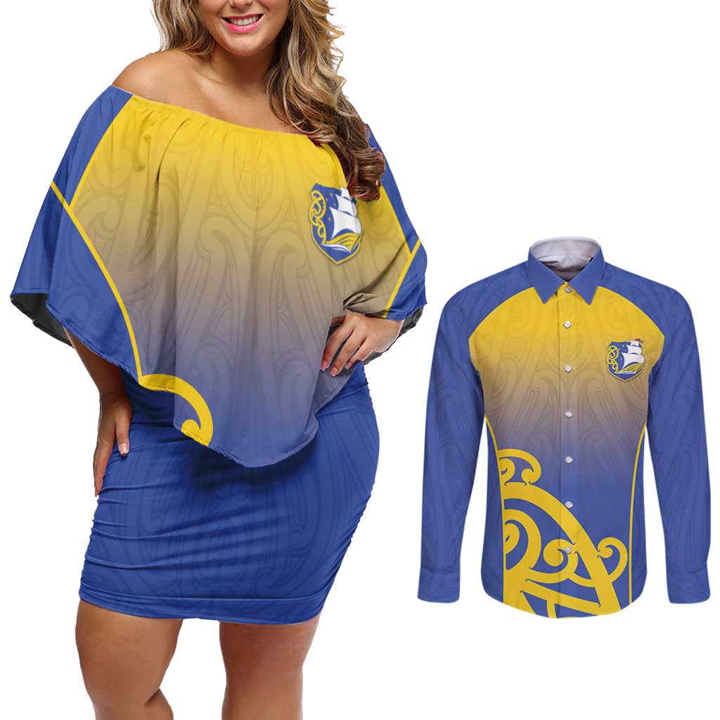 Custom James Cook High School Couples Matching Off Shoulder Short Dress and Long Sleeve Button Shirt Maori Koru Pattern