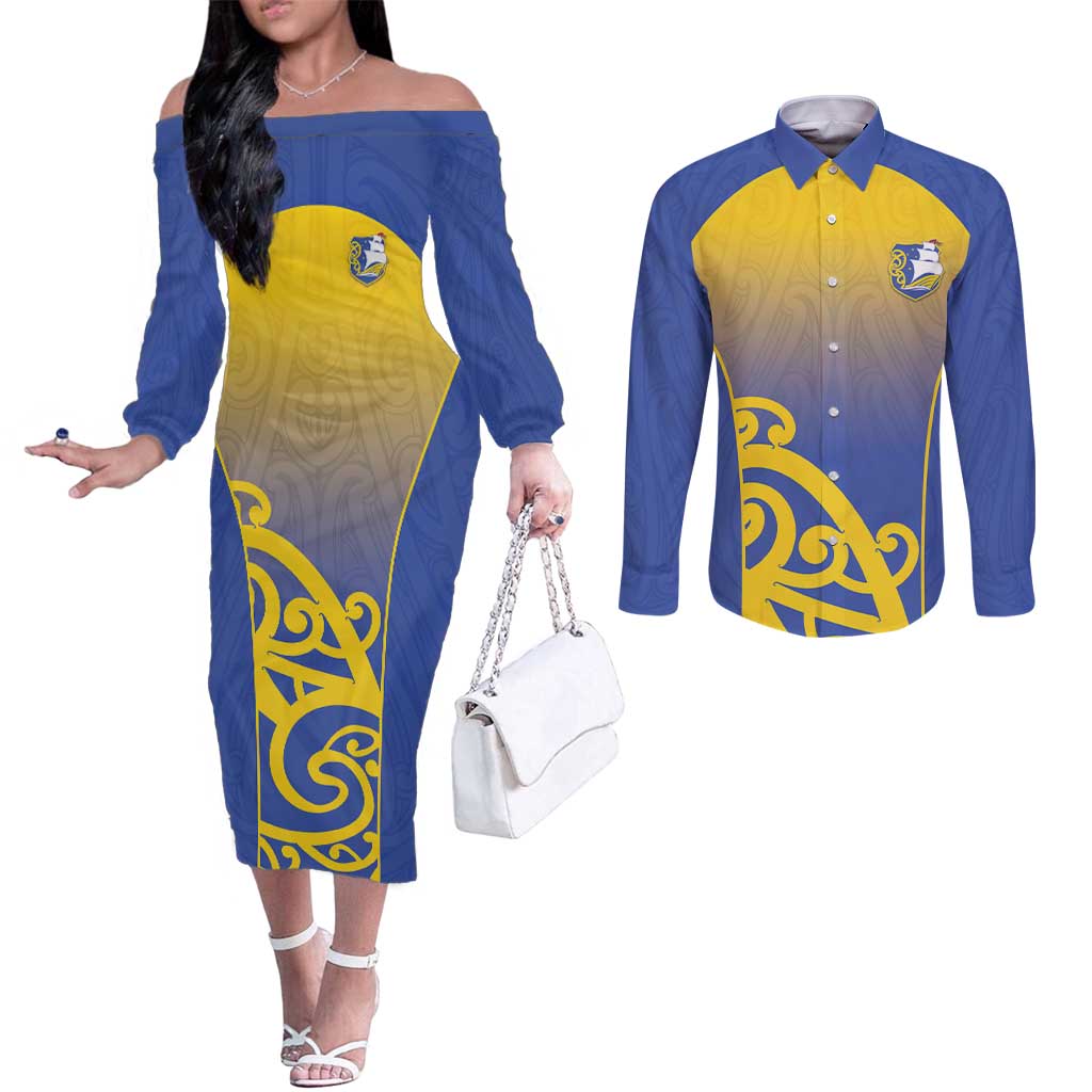 Custom James Cook High School Couples Matching Off The Shoulder Long Sleeve Dress and Long Sleeve Button Shirt Maori Koru Pattern LT05 Blue - Polynesian Pride