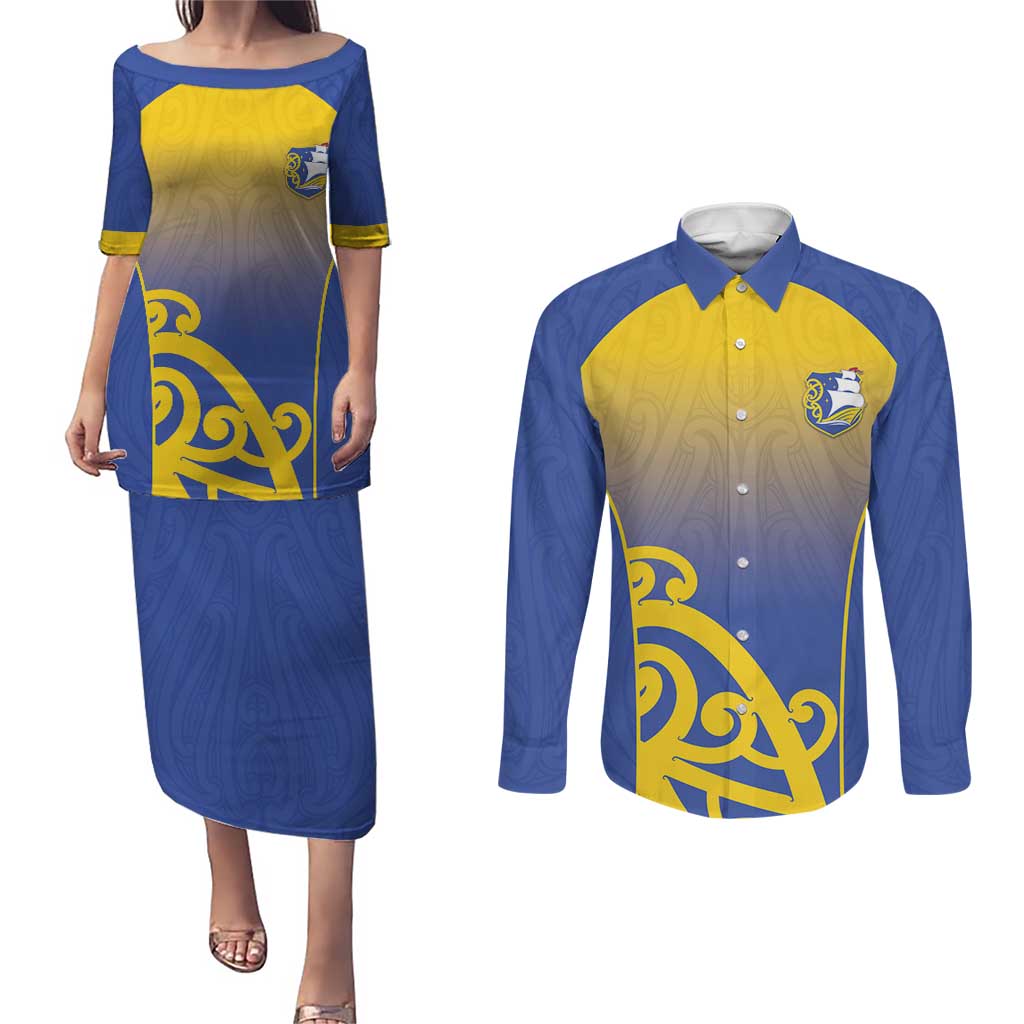 Custom James Cook High School Couples Matching Puletasi and Long Sleeve Button Shirt Maori Koru Pattern LT05 Blue - Polynesian Pride
