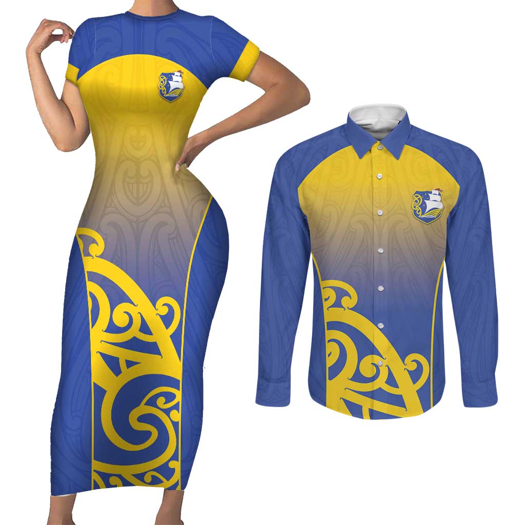 Custom James Cook High School Couples Matching Short Sleeve Bodycon Dress and Long Sleeve Button Shirt Maori Koru Pattern LT05 Blue - Polynesian Pride