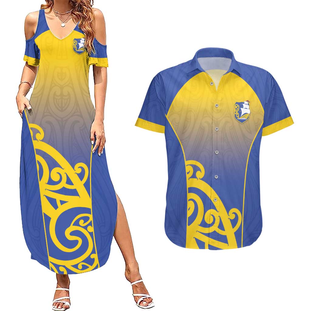 Custom James Cook High School Couples Matching Summer Maxi Dress and Hawaiian Shirt Maori Koru Pattern LT05 Blue - Polynesian Pride