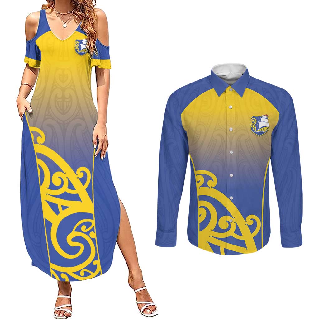 Custom James Cook High School Couples Matching Summer Maxi Dress and Long Sleeve Button Shirt Maori Koru Pattern LT05 Blue - Polynesian Pride