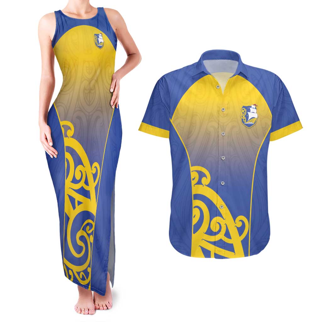 Custom James Cook High School Couples Matching Tank Maxi Dress and Hawaiian Shirt Maori Koru Pattern LT05 Blue - Polynesian Pride