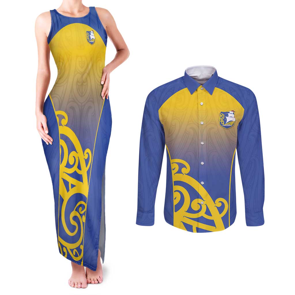 Custom James Cook High School Couples Matching Tank Maxi Dress and Long Sleeve Button Shirt Maori Koru Pattern LT05 Blue - Polynesian Pride