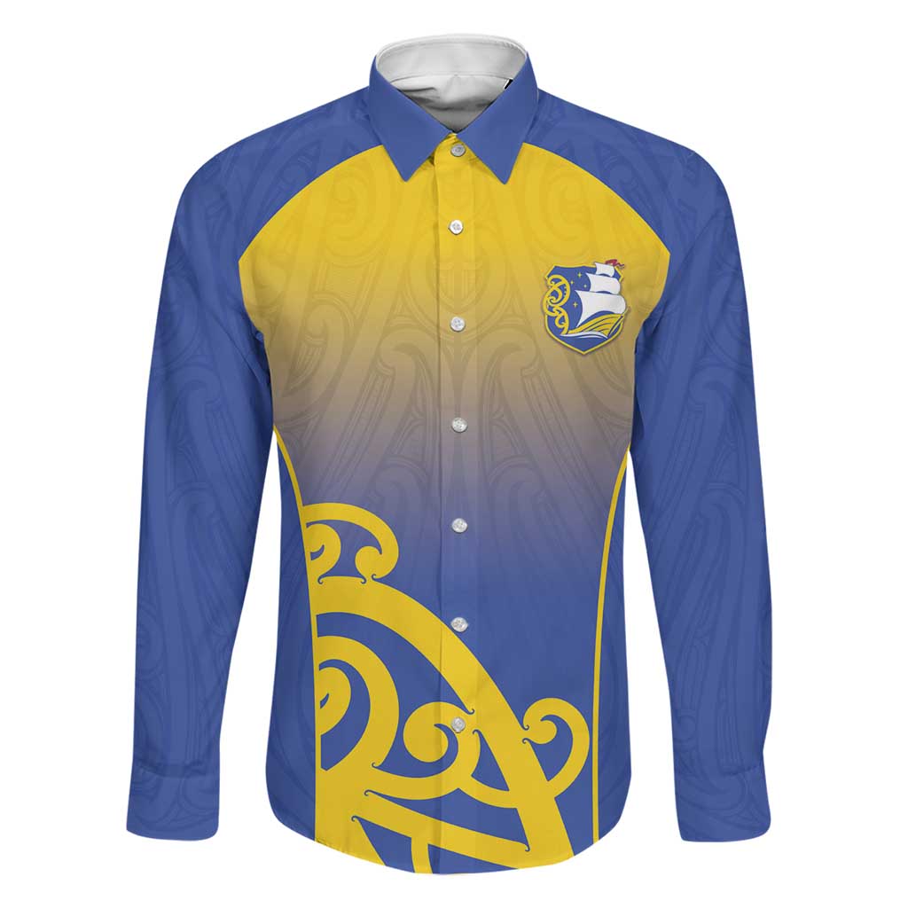 Custom James Cook High School Family Matching Mermaid Dress and Hawaiian Shirt Maori Koru Pattern LT05 Dad's Shirt - Long Sleeve Blue - Polynesian Pride