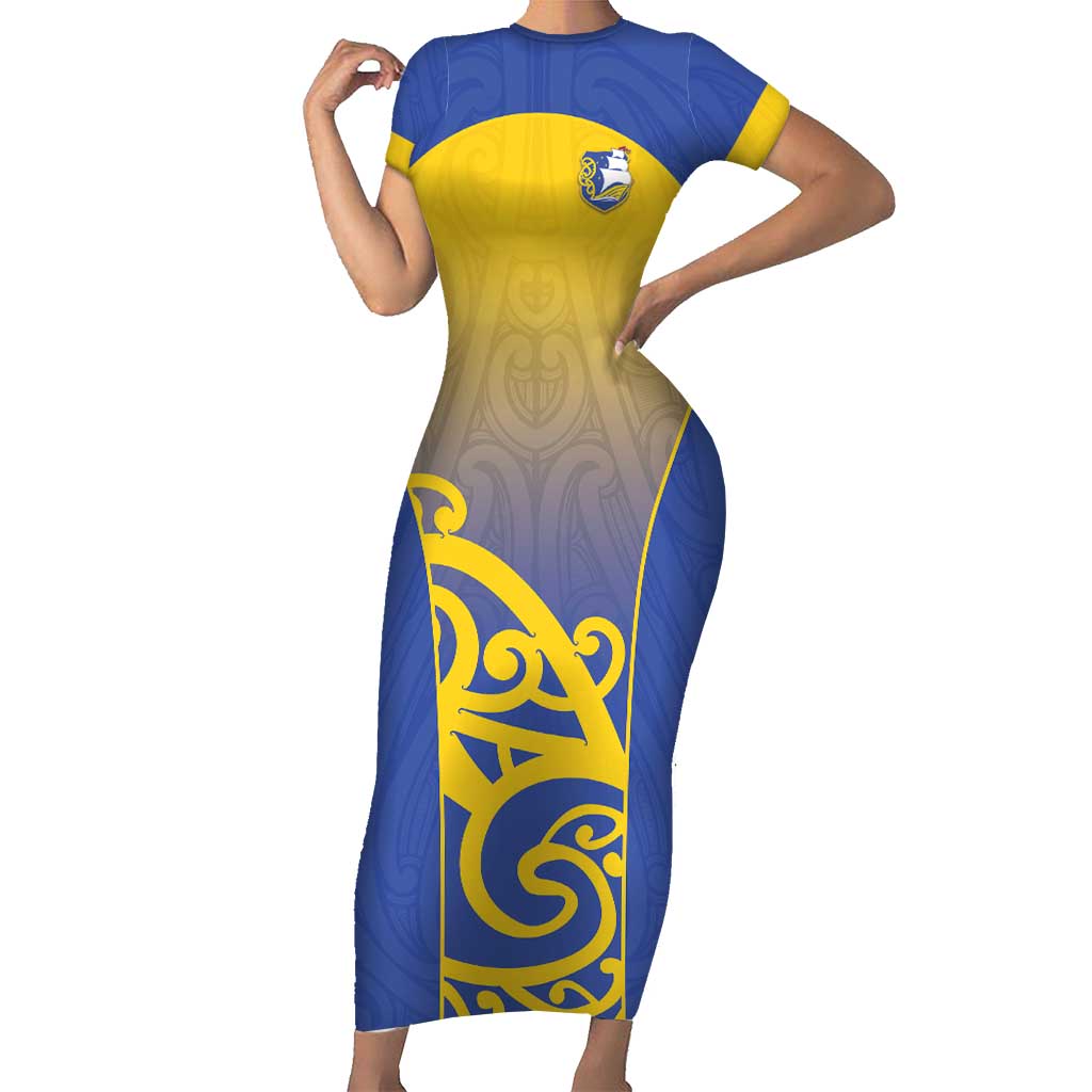 Custom James Cook High School Short Sleeve Bodycon Dress Maori Koru Pattern LT05 Long Dress Blue - Polynesian Pride