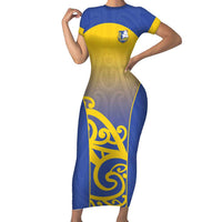 Custom James Cook High School Short Sleeve Bodycon Dress Maori Koru Pattern LT05 Long Dress Blue - Polynesian Pride