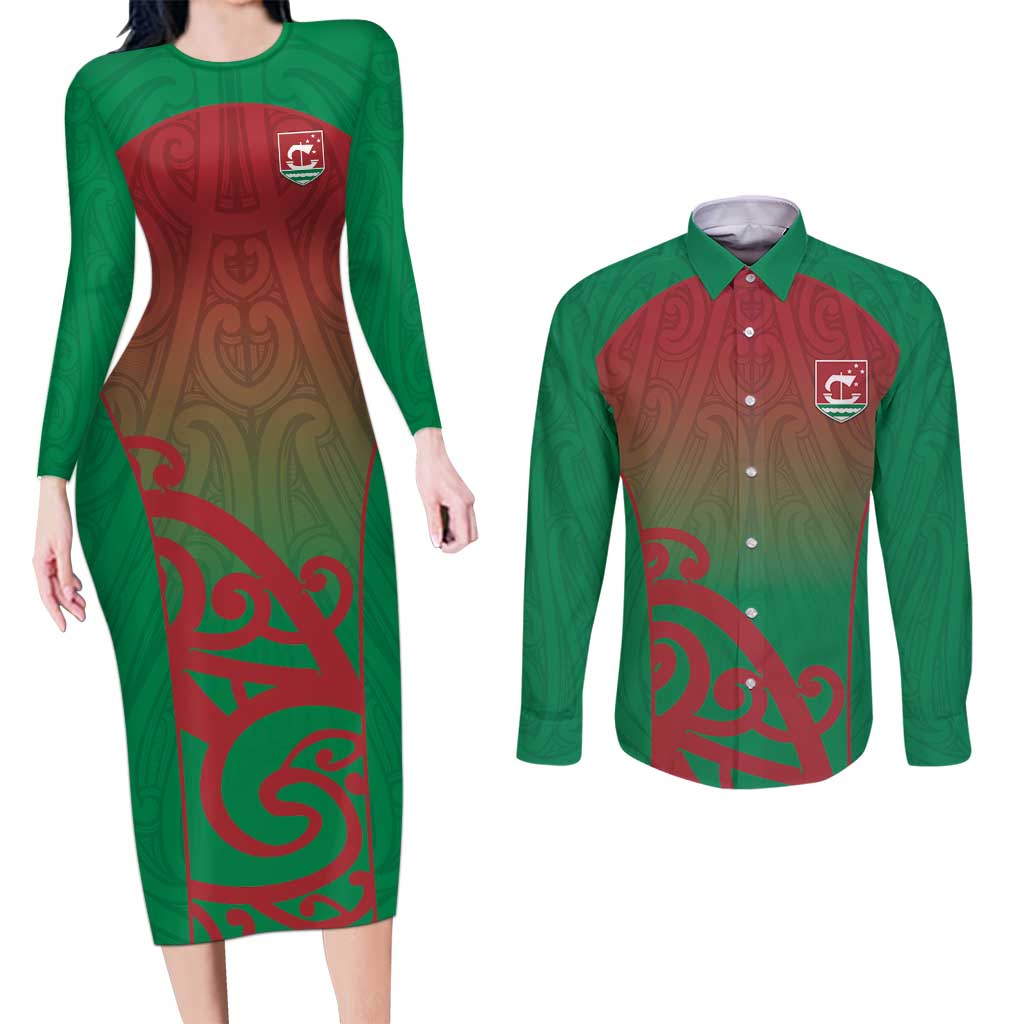 Custom Onehunga High School Couples Matching Long Sleeve Bodycon Dress and Long Sleeve Button Shirt Maori Koru Pattern LT05 Green - Polynesian Pride