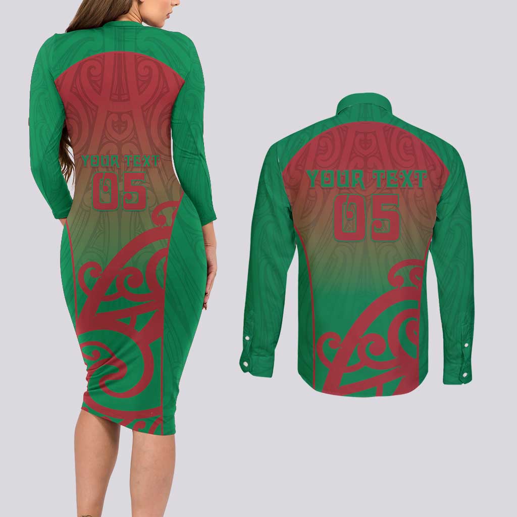 Custom Onehunga High School Couples Matching Long Sleeve Bodycon Dress and Long Sleeve Button Shirt Maori Koru Pattern
