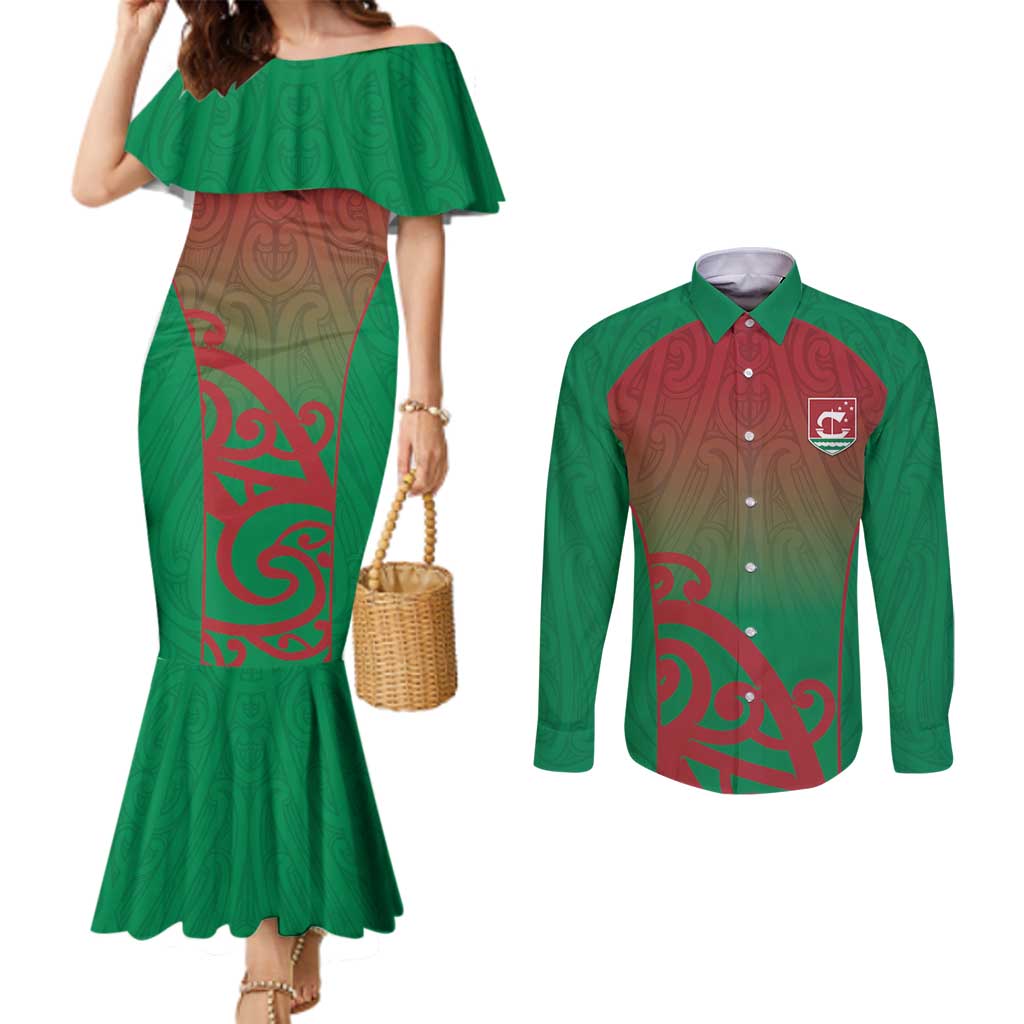 Custom Onehunga High School Couples Matching Mermaid Dress and Long Sleeve Button Shirt Maori Koru Pattern LT05 Green - Polynesian Pride