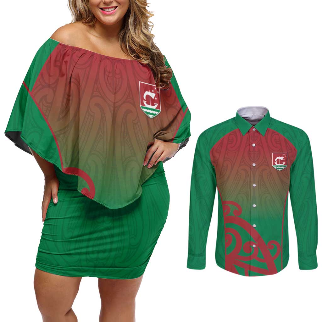 Custom Onehunga High School Couples Matching Off Shoulder Short Dress and Long Sleeve Button Shirt Maori Koru Pattern