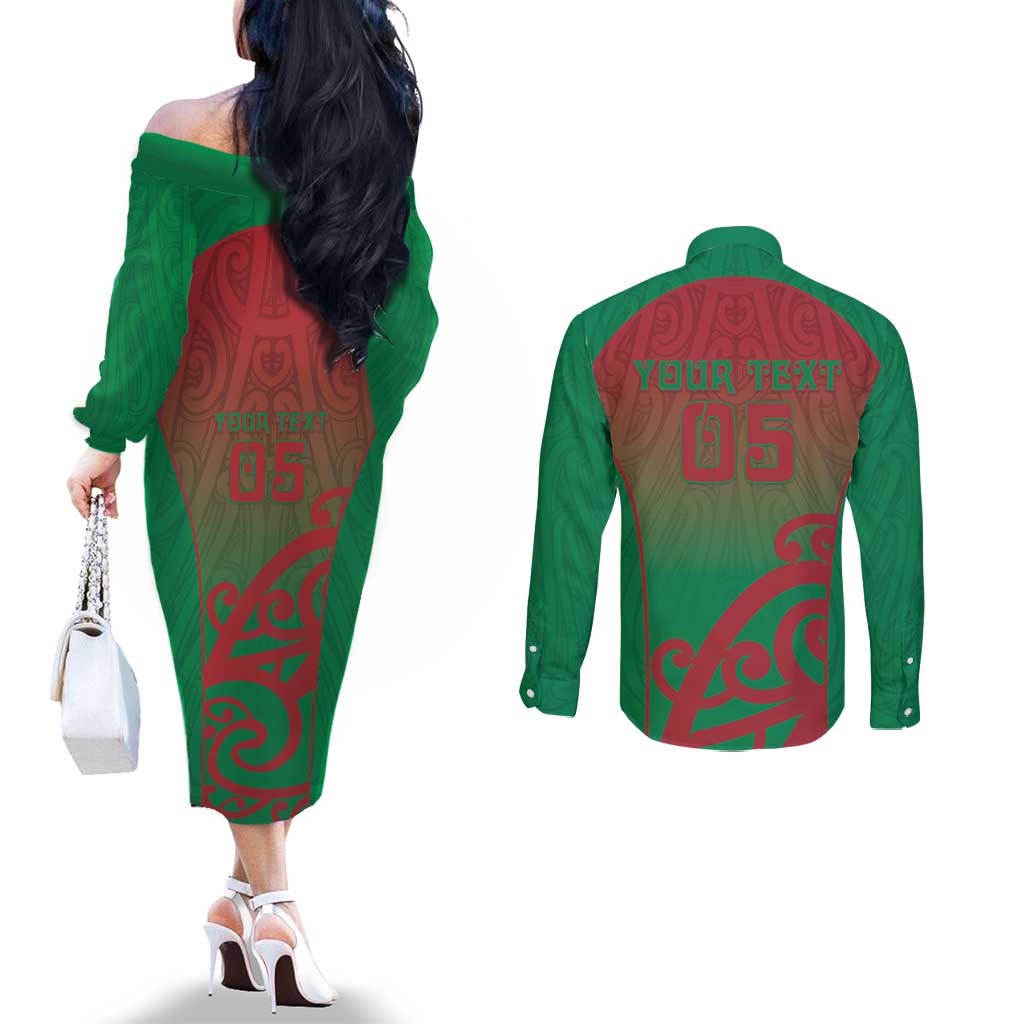 Custom Onehunga High School Couples Matching Off The Shoulder Long Sleeve Dress and Long Sleeve Button Shirt Maori Koru Pattern