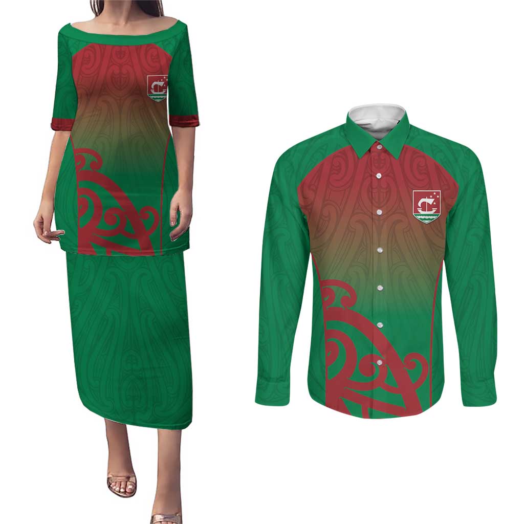 Custom Onehunga High School Couples Matching Puletasi and Long Sleeve Button Shirt Maori Koru Pattern LT05 Green - Polynesian Pride