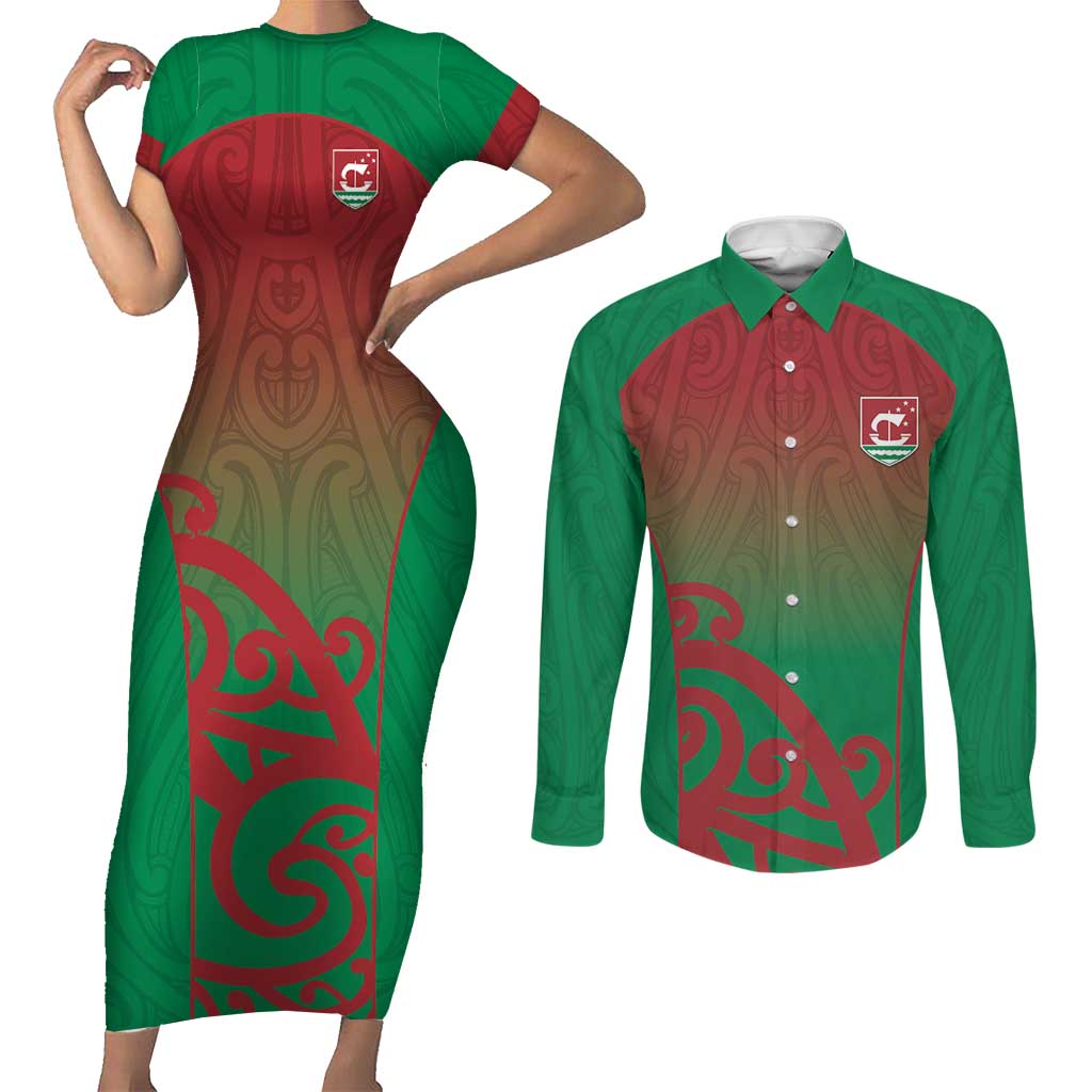 Custom Onehunga High School Couples Matching Short Sleeve Bodycon Dress and Long Sleeve Button Shirt Maori Koru Pattern LT05 Green - Polynesian Pride