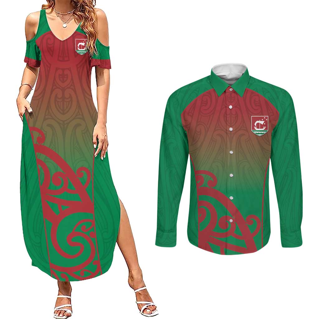 Custom Onehunga High School Couples Matching Summer Maxi Dress and Long Sleeve Button Shirt Maori Koru Pattern LT05 Green - Polynesian Pride