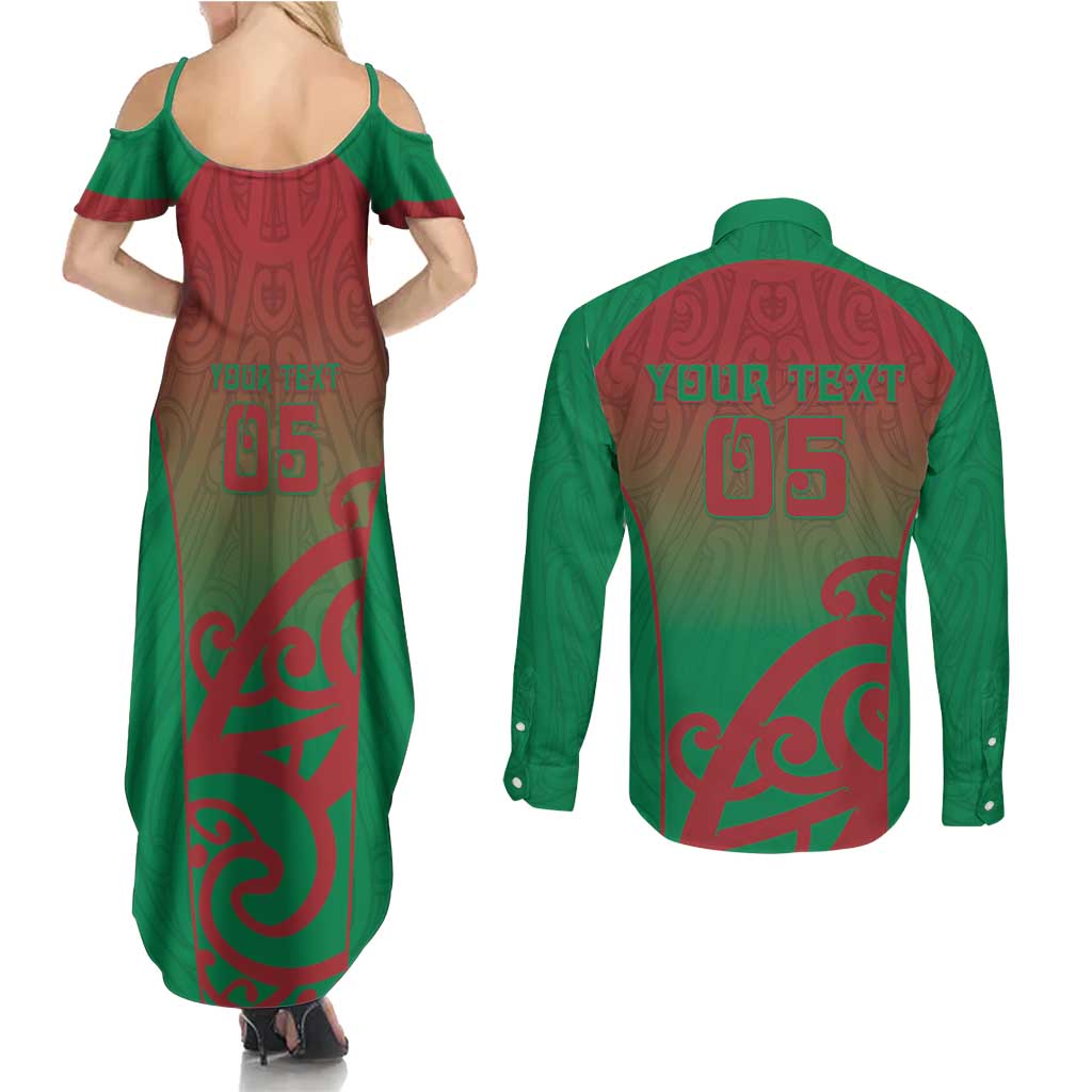 Custom Onehunga High School Couples Matching Summer Maxi Dress and Long Sleeve Button Shirt Maori Koru Pattern