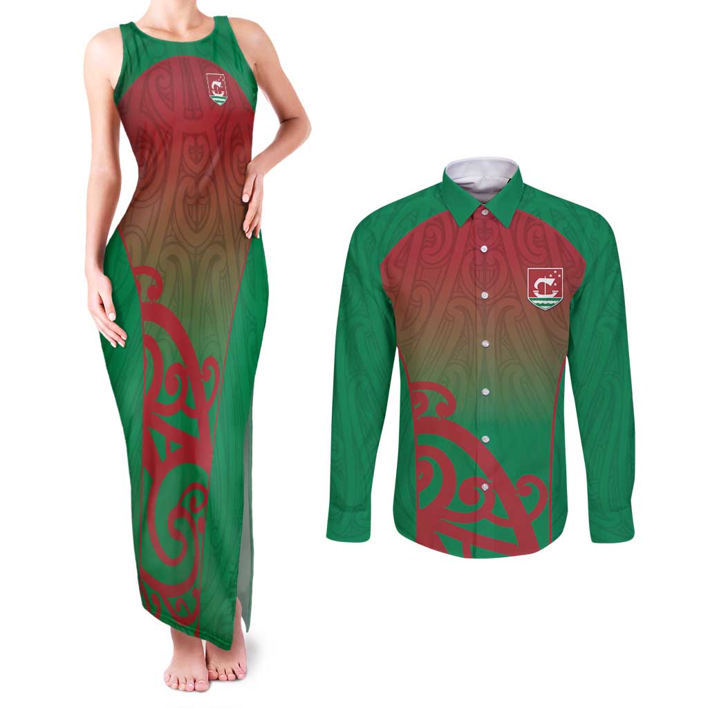 Custom Onehunga High School Couples Matching Tank Maxi Dress and Long Sleeve Button Shirt Maori Koru Pattern LT05 Green - Polynesian Pride