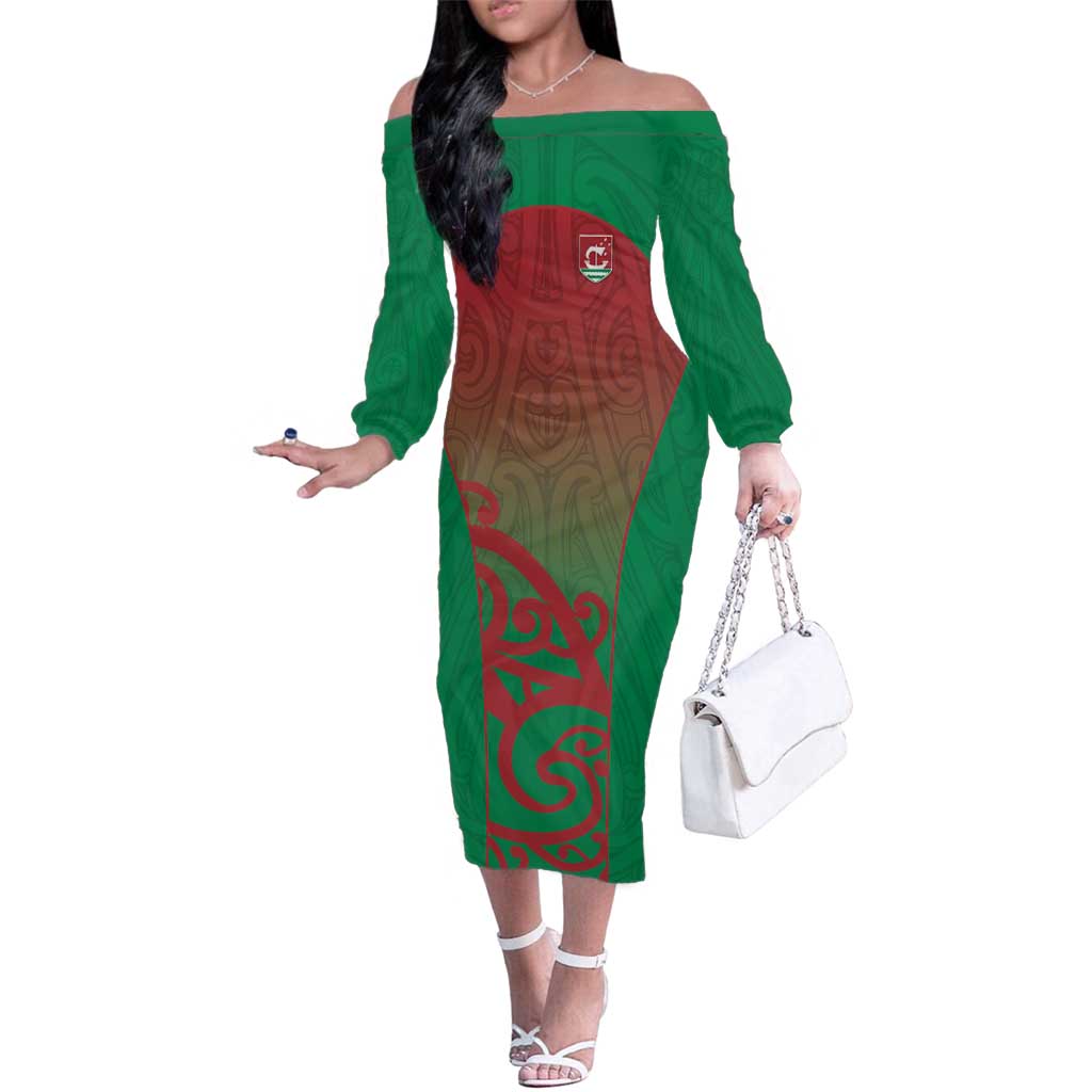 Custom Onehunga High School Family Matching Off The Shoulder Long Sleeve Dress and Hawaiian Shirt Maori Koru Pattern LT05 Mom's Dress Green - Polynesian Pride