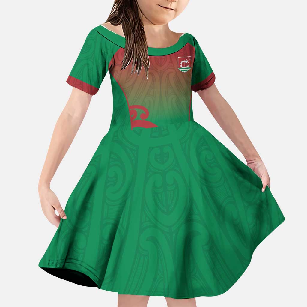 Custom Onehunga High School Family Matching Short Sleeve Bodycon Dress and Hawaiian Shirt Maori Koru Pattern LT05 Daughter's Dress Green - Polynesian Pride