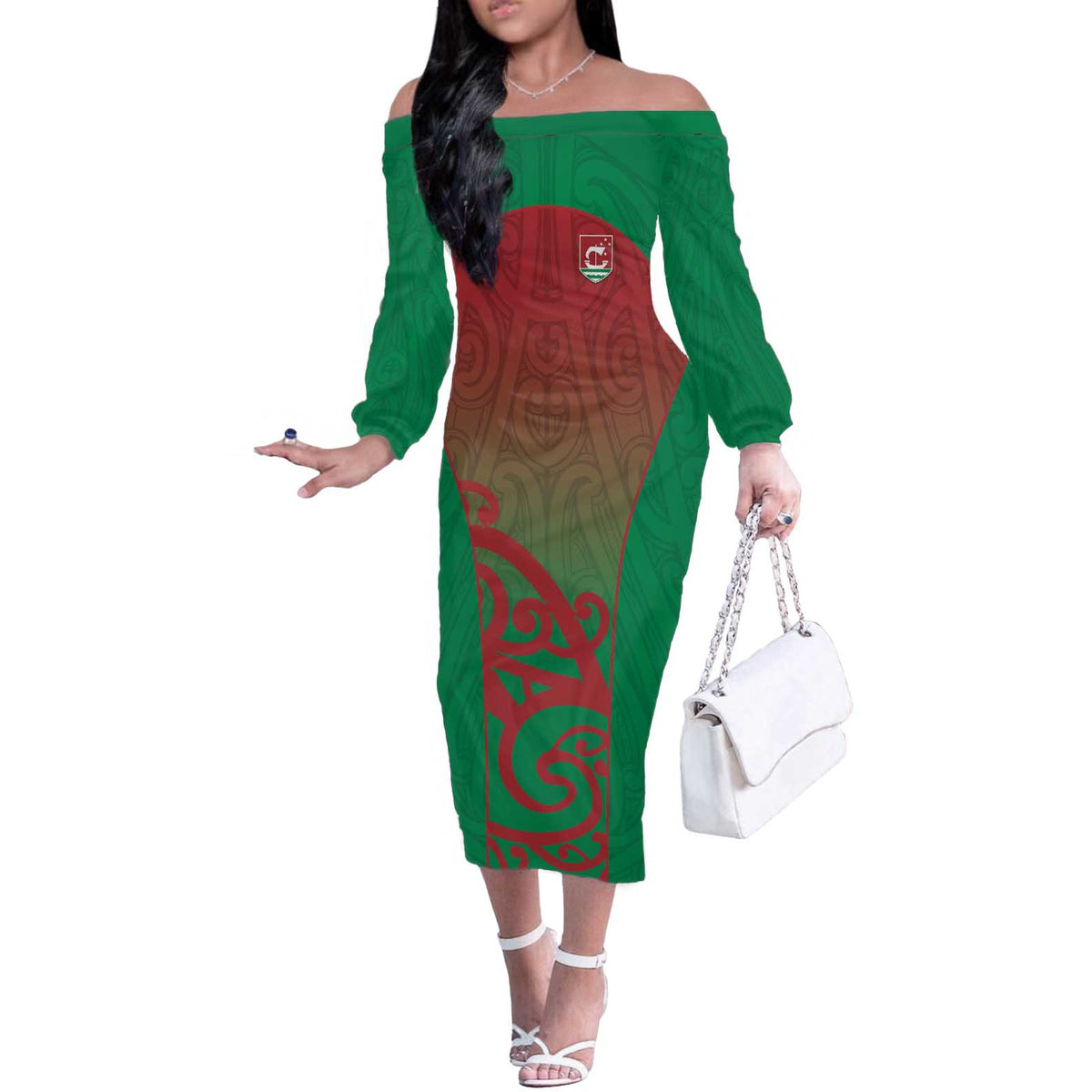 Custom Onehunga High School Off The Shoulder Long Sleeve Dress Maori Koru Pattern