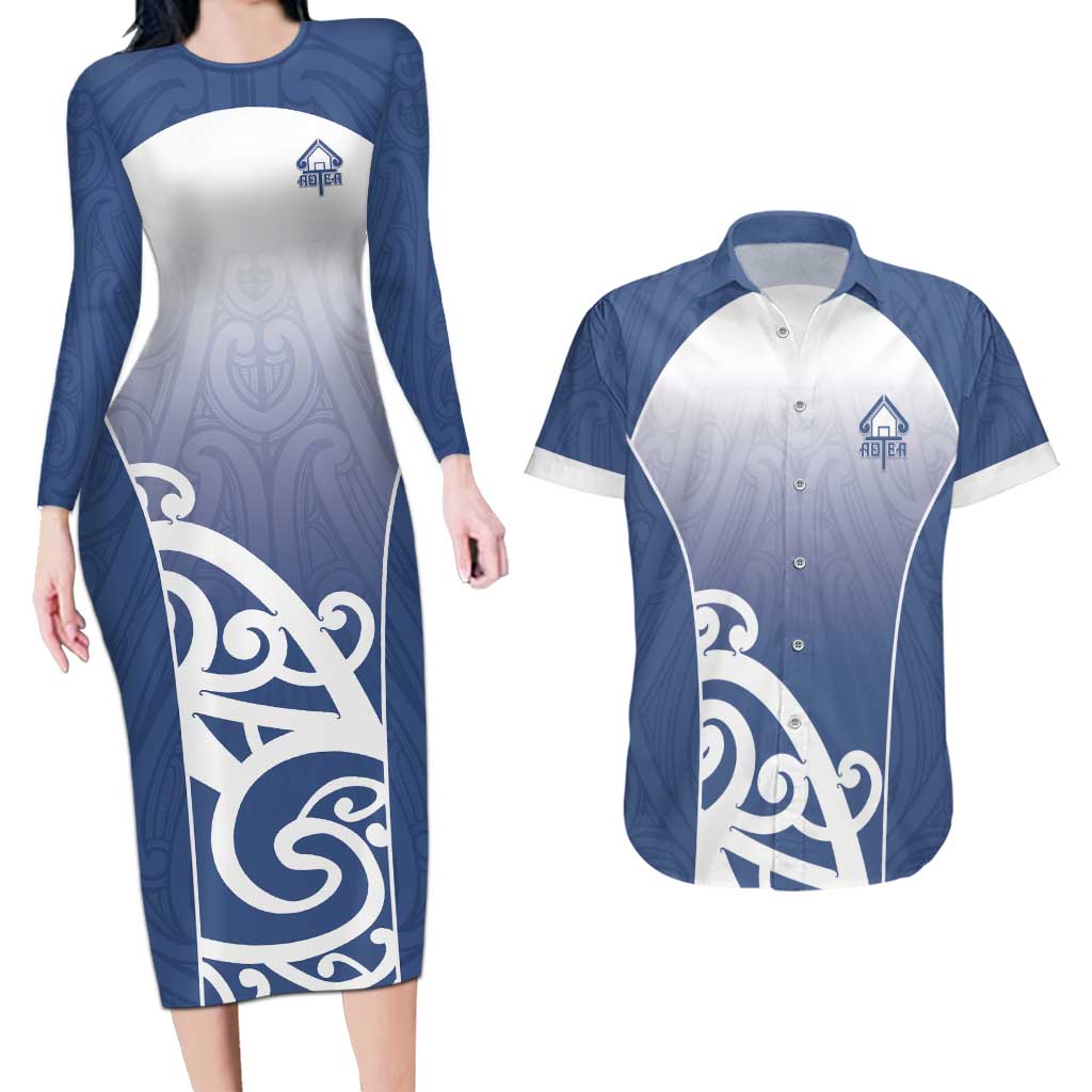 Custom New Zealand Aotea College Couples Matching Long Sleeve Bodycon Dress and Hawaiian Shirt Maori Koru Pattern LT05 Blue - Polynesian Pride