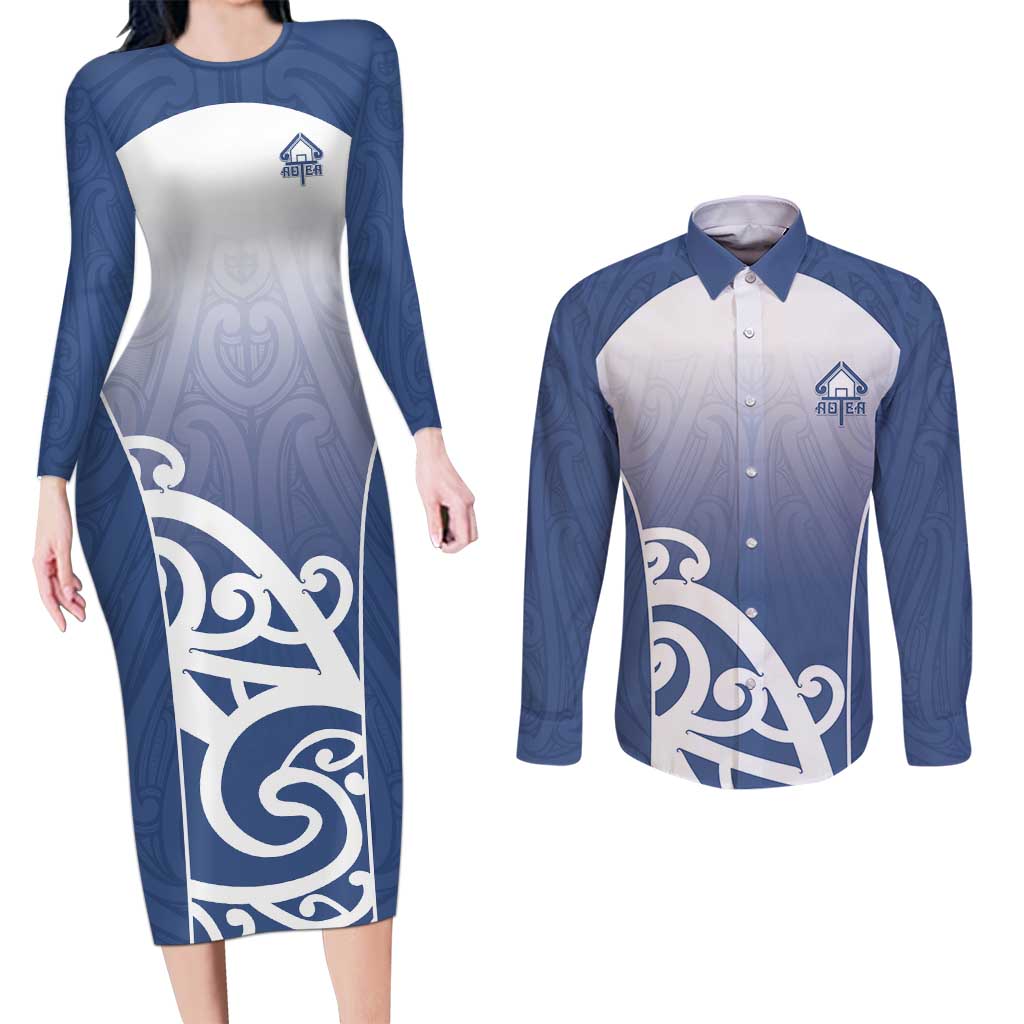 Custom New Zealand Aotea College Couples Matching Long Sleeve Bodycon Dress and Long Sleeve Button Shirt Maori Koru Pattern LT05 Blue - Polynesian Pride