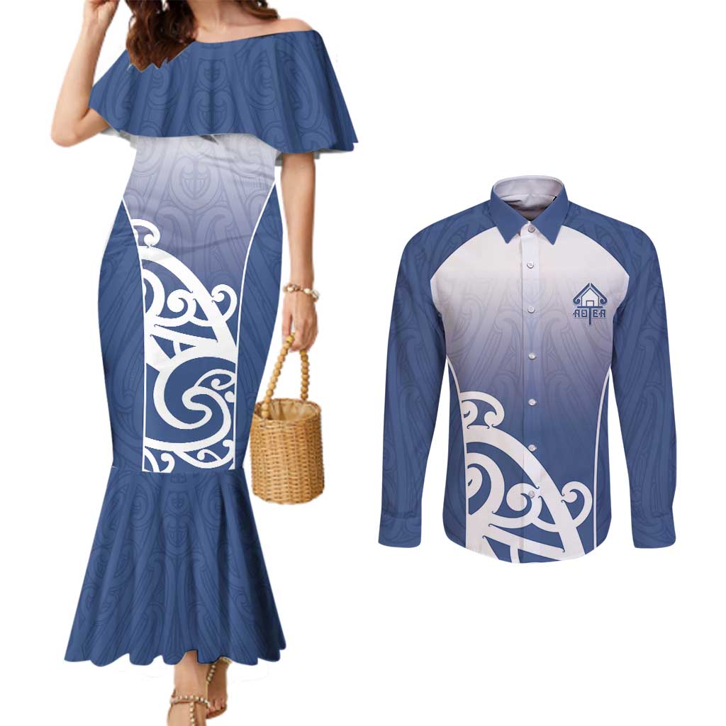 Custom New Zealand Aotea College Couples Matching Mermaid Dress and Long Sleeve Button Shirt Maori Koru Pattern LT05 Blue - Polynesian Pride