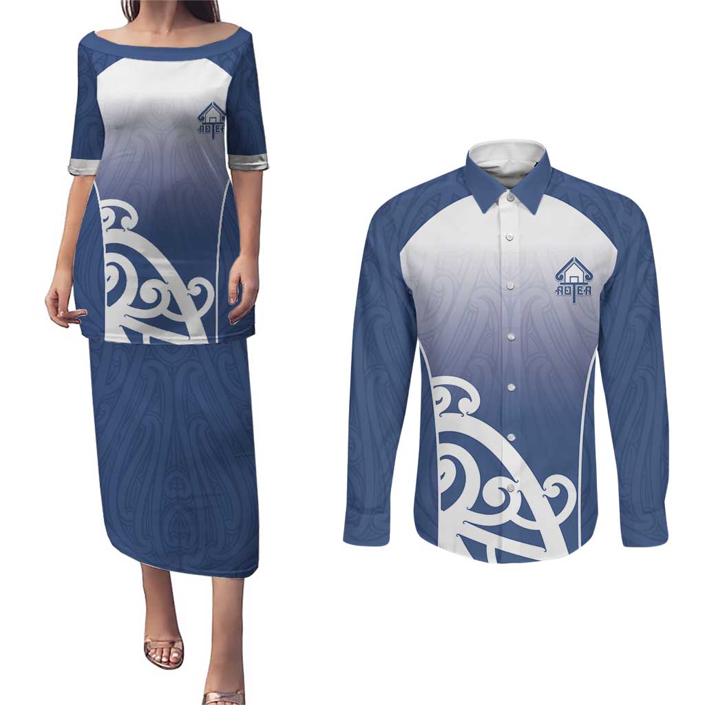 Custom New Zealand Aotea College Couples Matching Puletasi and Long Sleeve Button Shirt Maori Koru Pattern LT05 Blue - Polynesian Pride