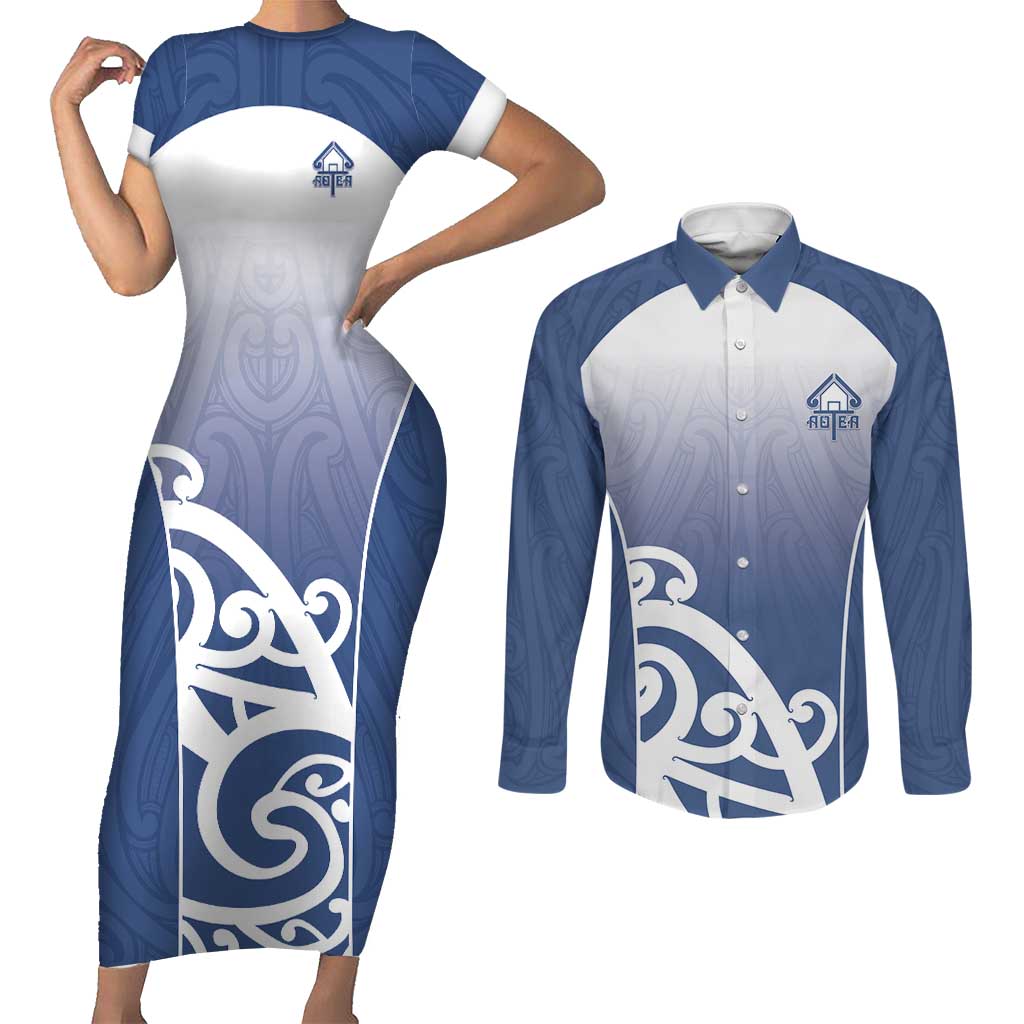Custom New Zealand Aotea College Couples Matching Short Sleeve Bodycon Dress and Long Sleeve Button Shirt Maori Koru Pattern LT05 Blue - Polynesian Pride