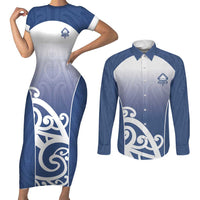 Custom New Zealand Aotea College Couples Matching Short Sleeve Bodycon Dress and Long Sleeve Button Shirt Maori Koru Pattern LT05 Blue - Polynesian Pride