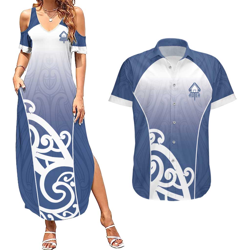 Custom New Zealand Aotea College Couples Matching Summer Maxi Dress and Hawaiian Shirt Maori Koru Pattern LT05 Blue - Polynesian Pride