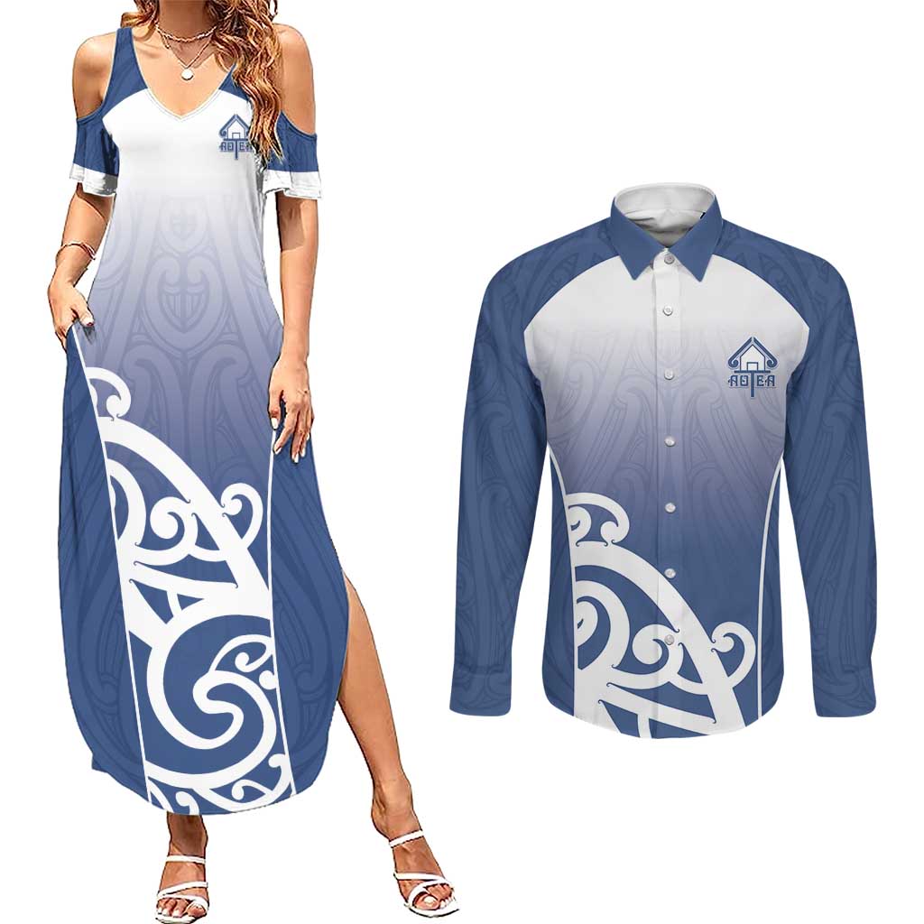 Custom New Zealand Aotea College Couples Matching Summer Maxi Dress and Long Sleeve Button Shirt Maori Koru Pattern LT05 Blue - Polynesian Pride