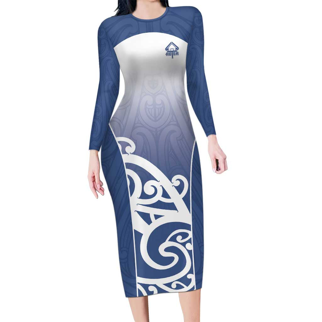 Custom New Zealand Aotea College Family Matching Long Sleeve Bodycon Dress and Hawaiian Shirt Maori Koru Pattern LT05 Mom's Dress Blue - Polynesian Pride
