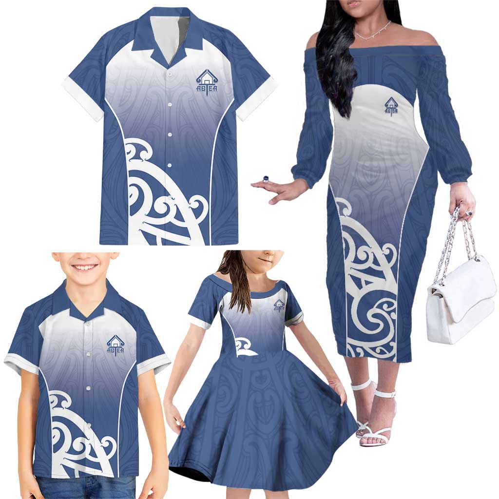 Custom New Zealand Aotea College Family Matching Off The Shoulder Long Sleeve Dress and Hawaiian Shirt Maori Koru Pattern