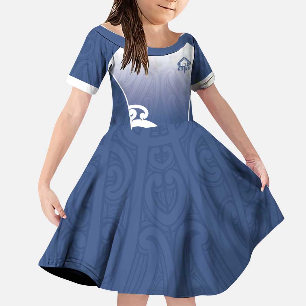 Custom New Zealand Aotea College Family Matching Puletasi and Hawaiian Shirt Maori Koru Pattern LT05 Daughter's Dress Blue - Polynesian Pride